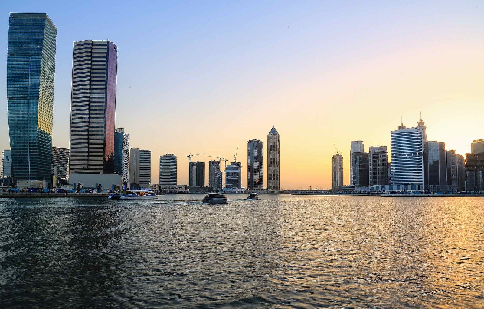Business Bay on the Dubai Water Canal at golden hour